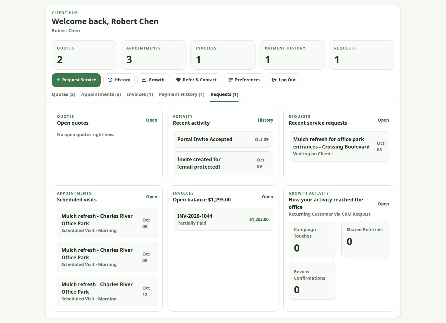 Customer portal home with quotes, appointments and open balance