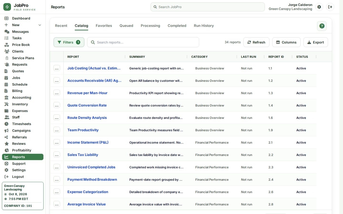 Report catalog: job costing, receivables, revenue per man-hour and more