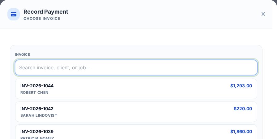 Recording a payment: invoice, date, amount, method and reference
