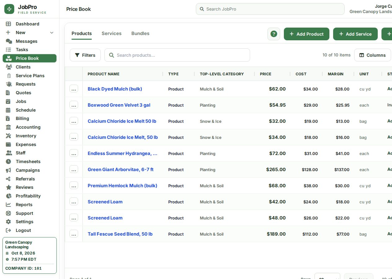 Price Book products: mulch, loam, plants, seed and ice melt
