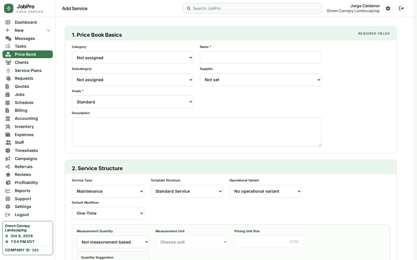 Adding a service: category, unit price, cost and margin