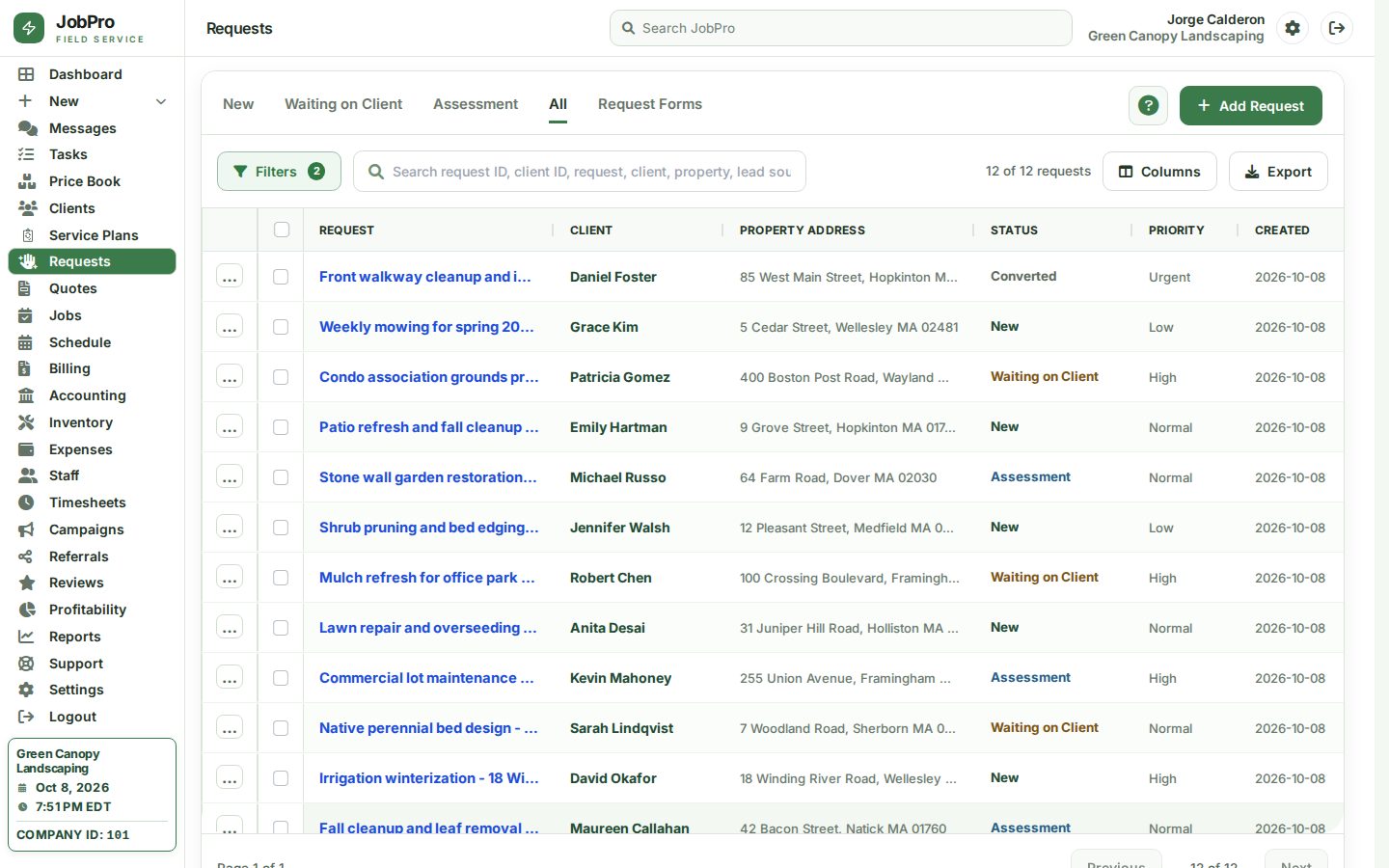 Requests list with new landscaping leads and their sources