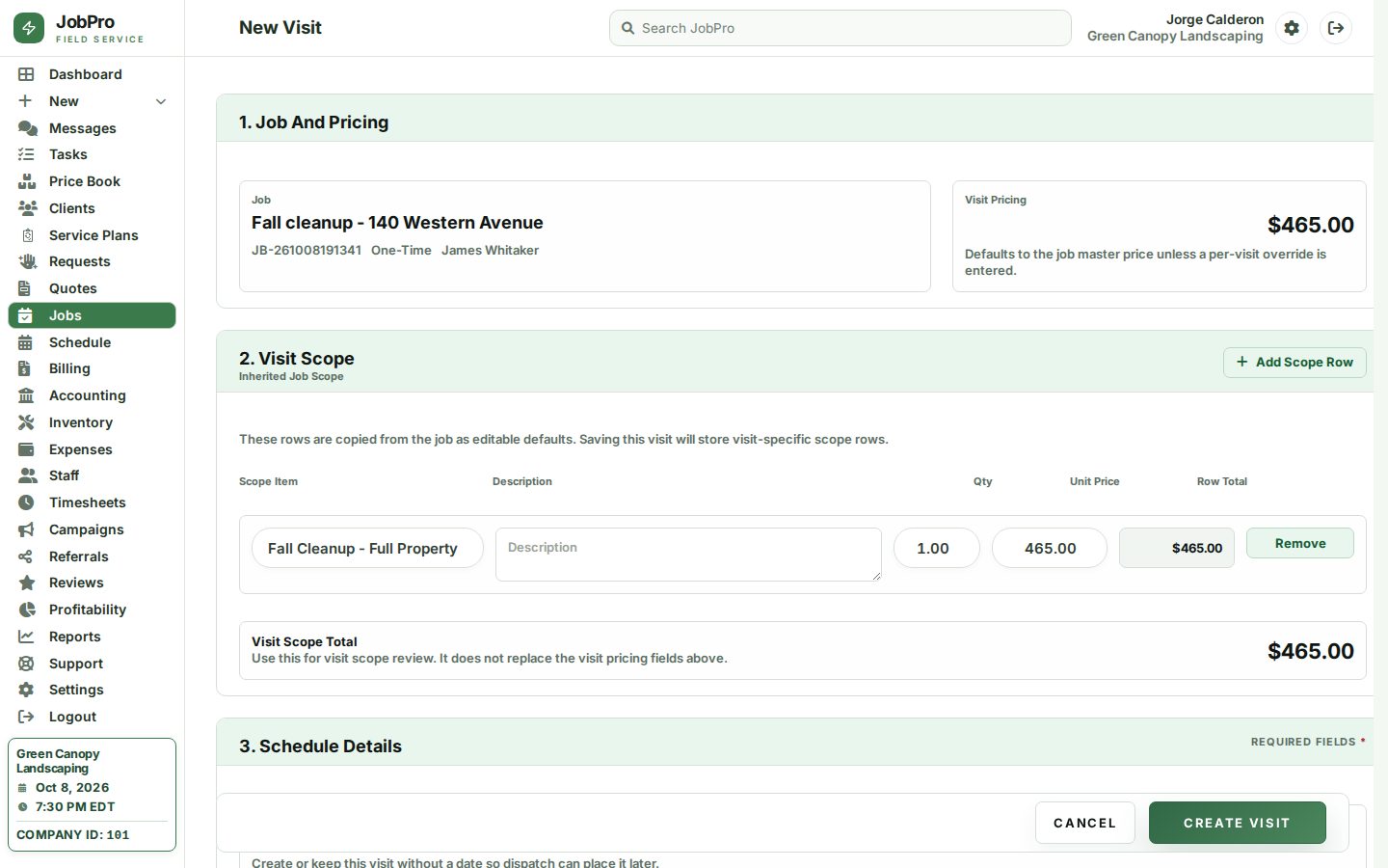 Scheduling a visit: date, time window, crew and estimator
