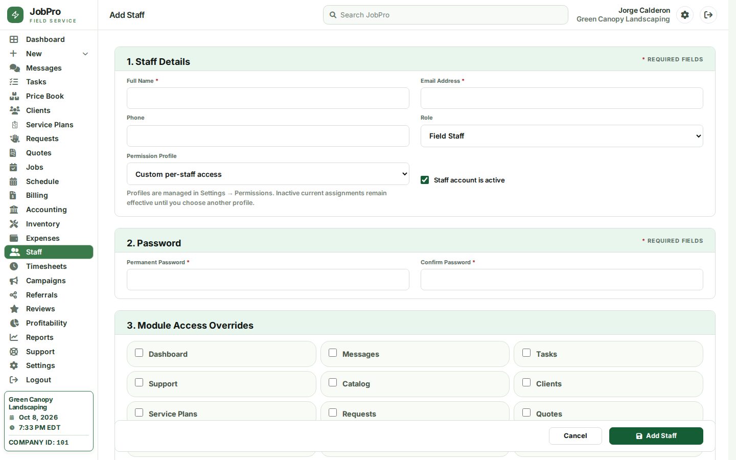 Adding a staff member: role, permissions, crew and contact details