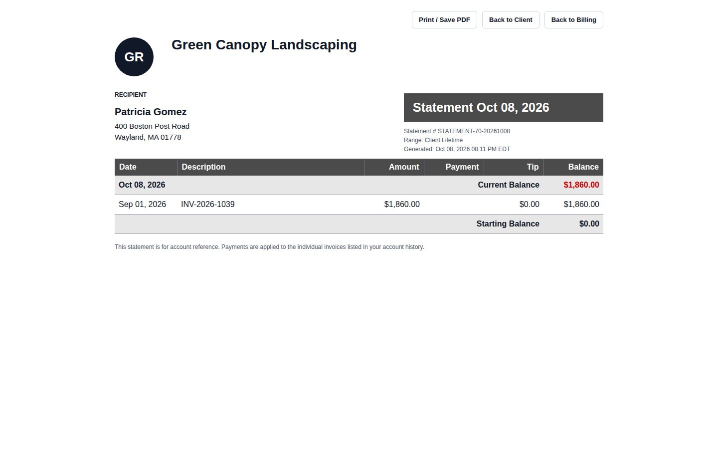 Client account statement: invoices, payments and balance due