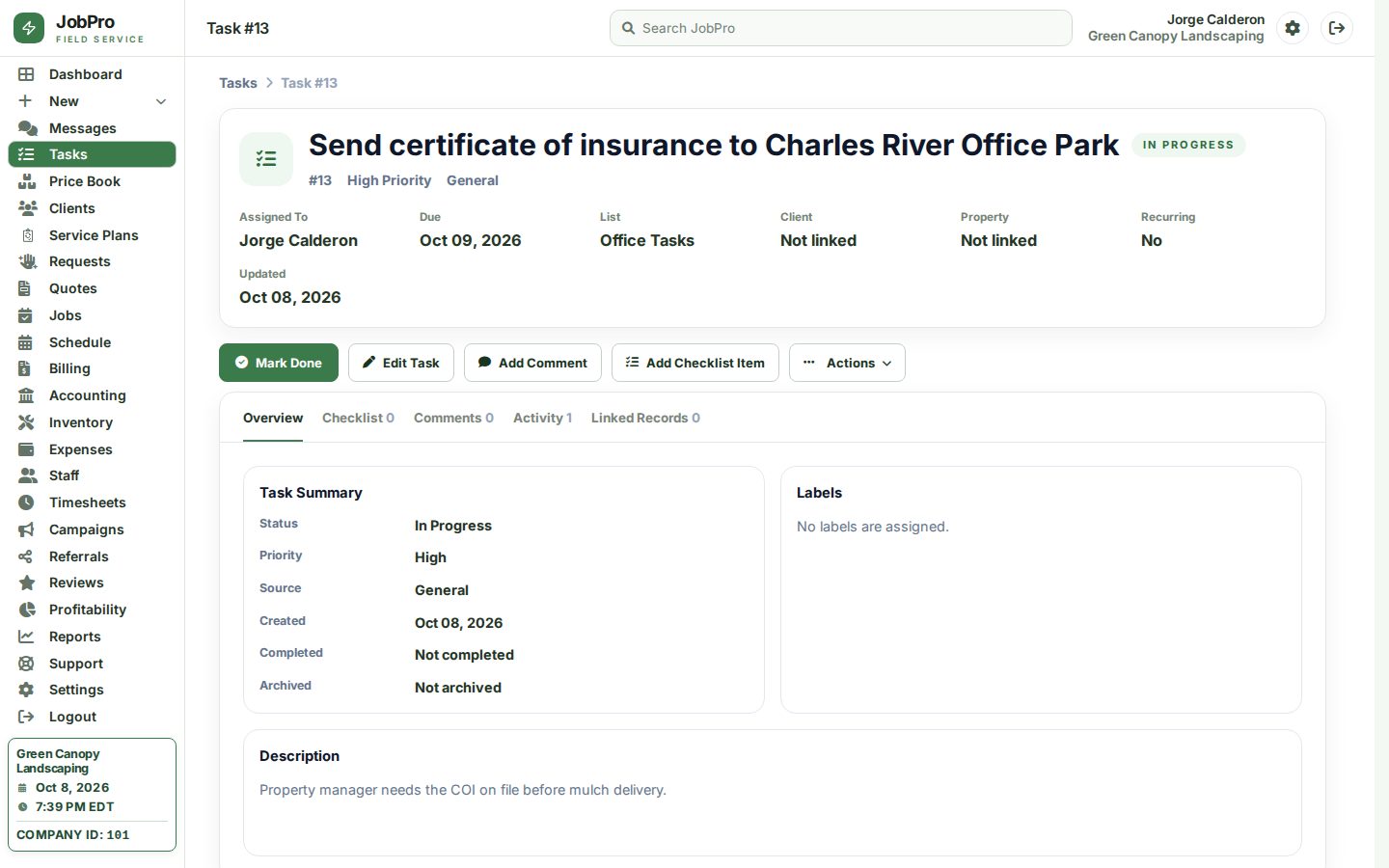 Task detail: sending a certificate of insurance before a mulch delivery
