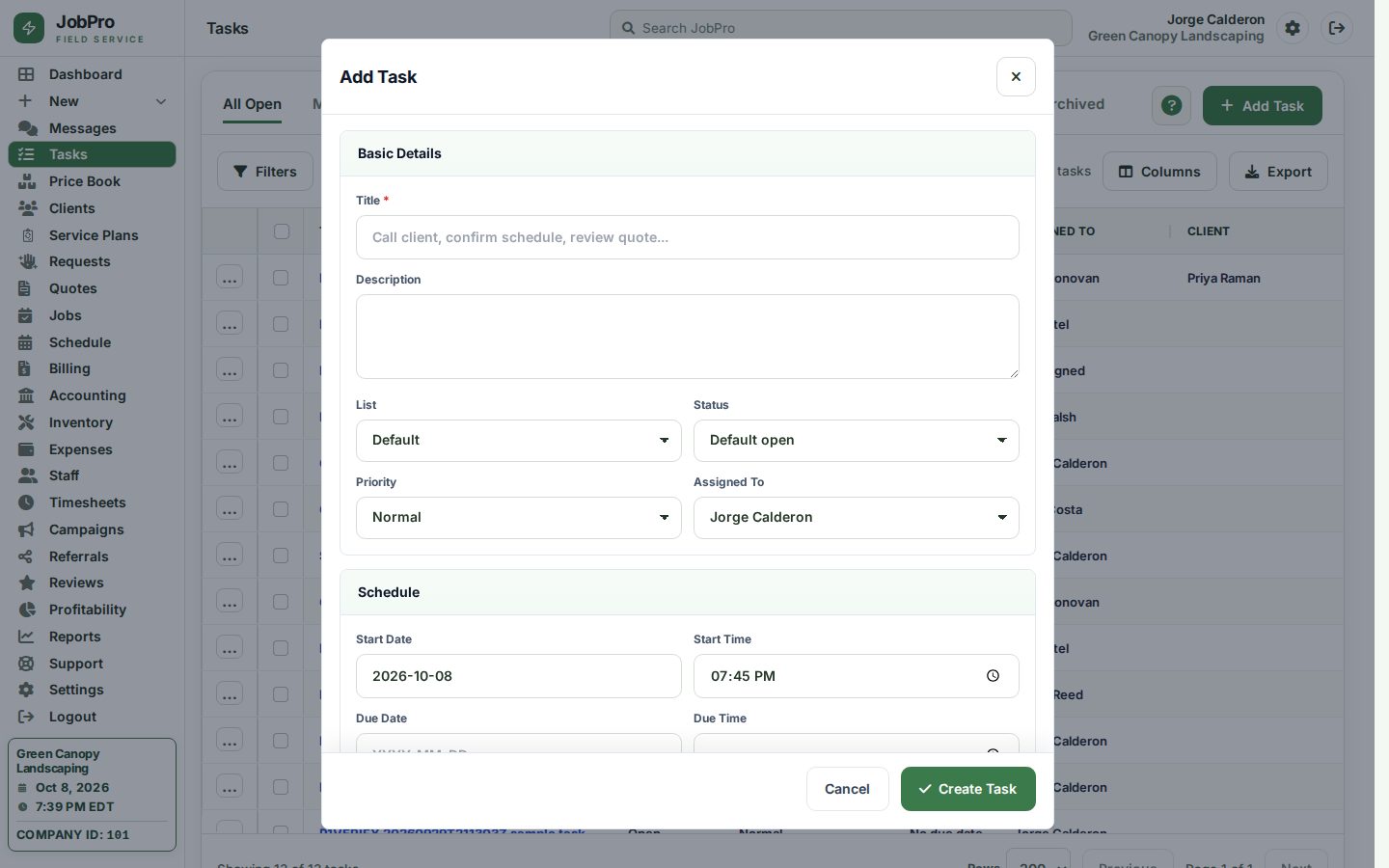 New task form: list, status, priority, assignee, schedule and linked record