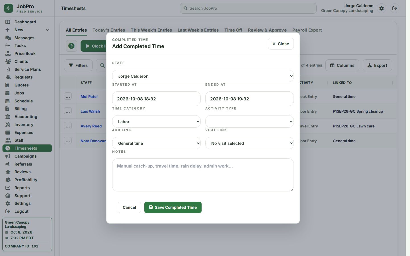 Adding completed time: staff member, time code, job and start and end times